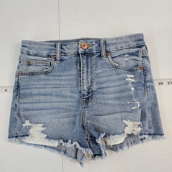 American Eagle Curvy Hi-Rise Shortie Distressed Jean Shorts Women’s Sz 4 Light - Picture 1 of 12